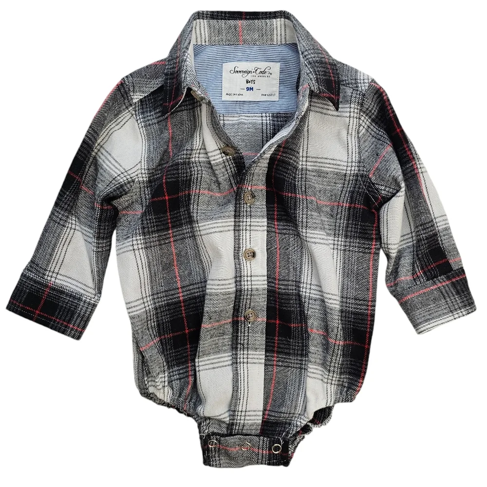 Nwot Sovereign Code Boys Black/Red/White/Gray Plaid Flannel Collared Onsie
